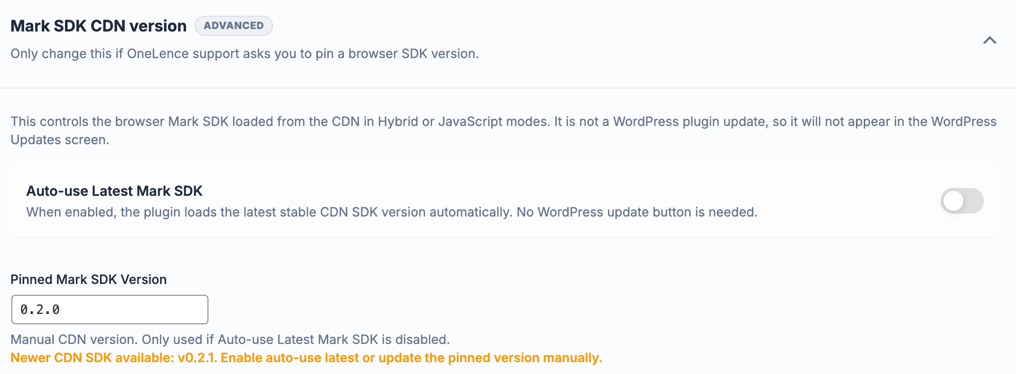 Placeholder screenshot of the Mark SDK CDN version card