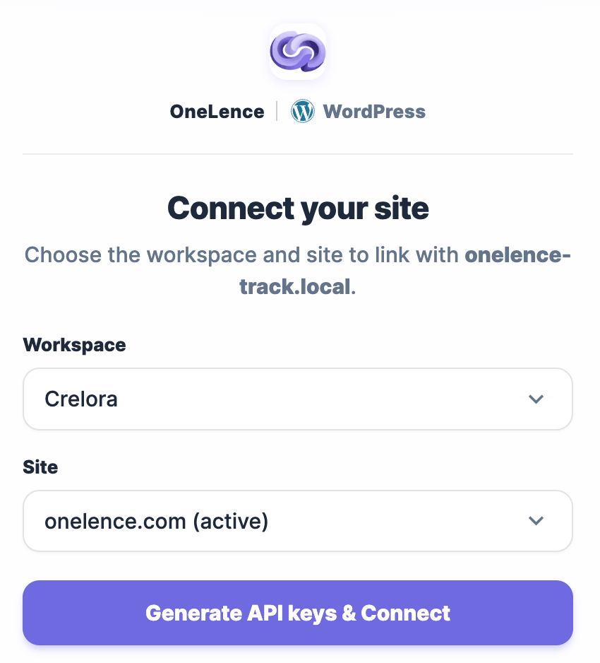 Connect wordpress site to OneLence account
