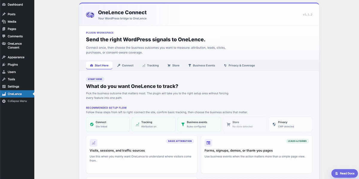 Setup via OneLence Connect - a Wordpress plugin