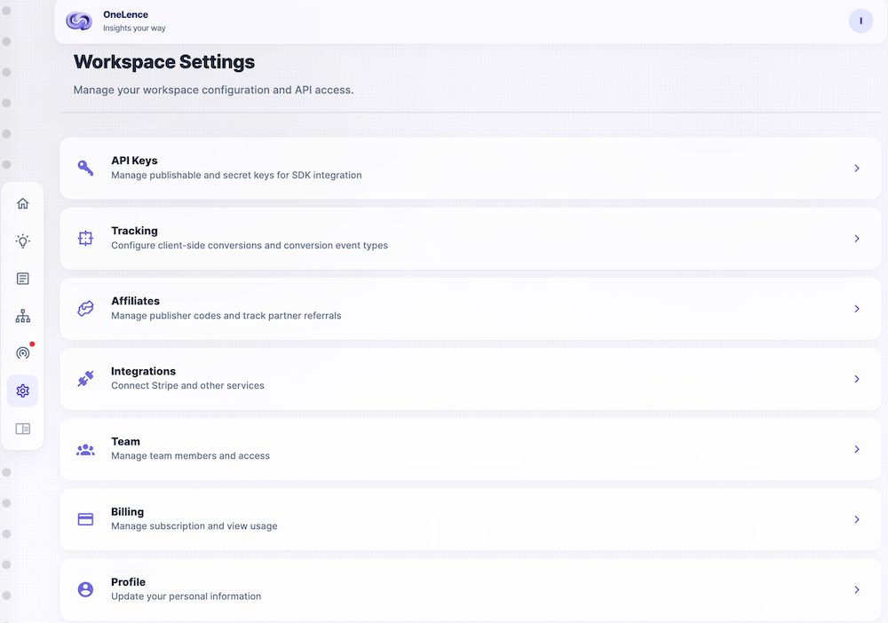 Settings page on OneLence
