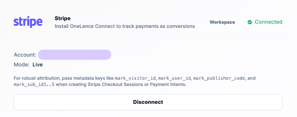 Installed OneLence Connect in Stripe Successfully