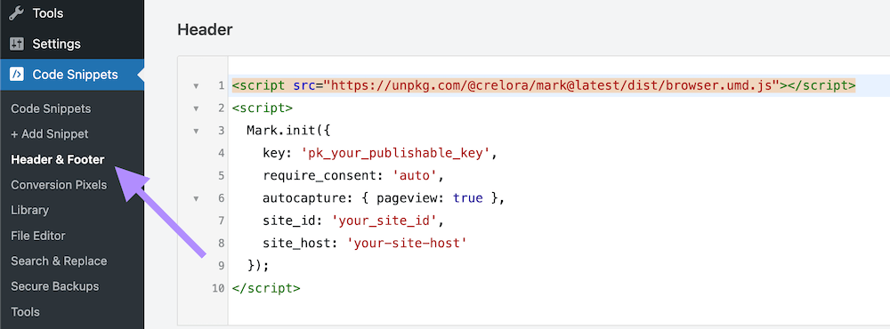 Add snippet to Header via Code Snippets