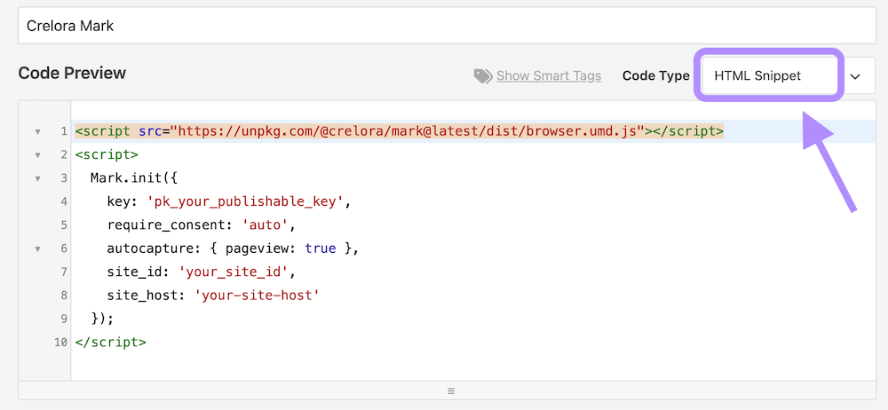 Add snippet via customer codes in Code Snippets