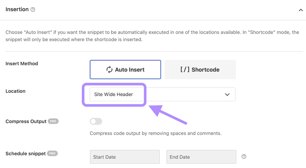 Select site wide header in Code Snippets