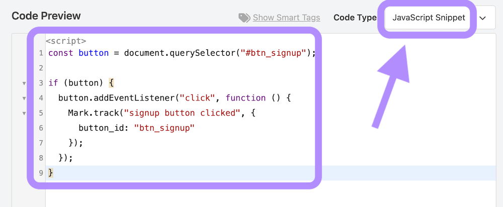 Code snippet for the button tracking