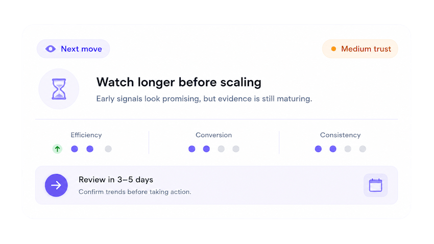 OneLence closing visual showing a sample decision output for the final call to action.