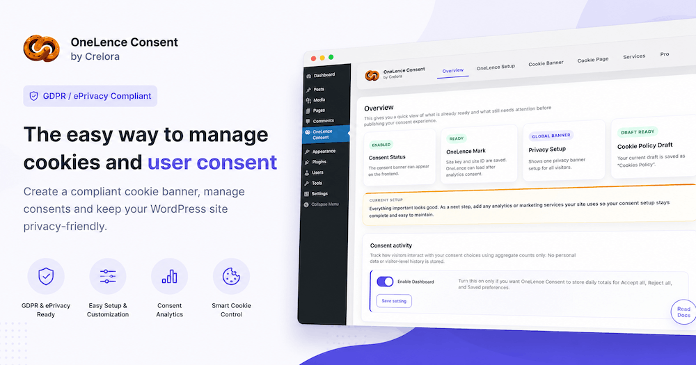 Decorative preview: cookie consent panel and WordPress-style layout